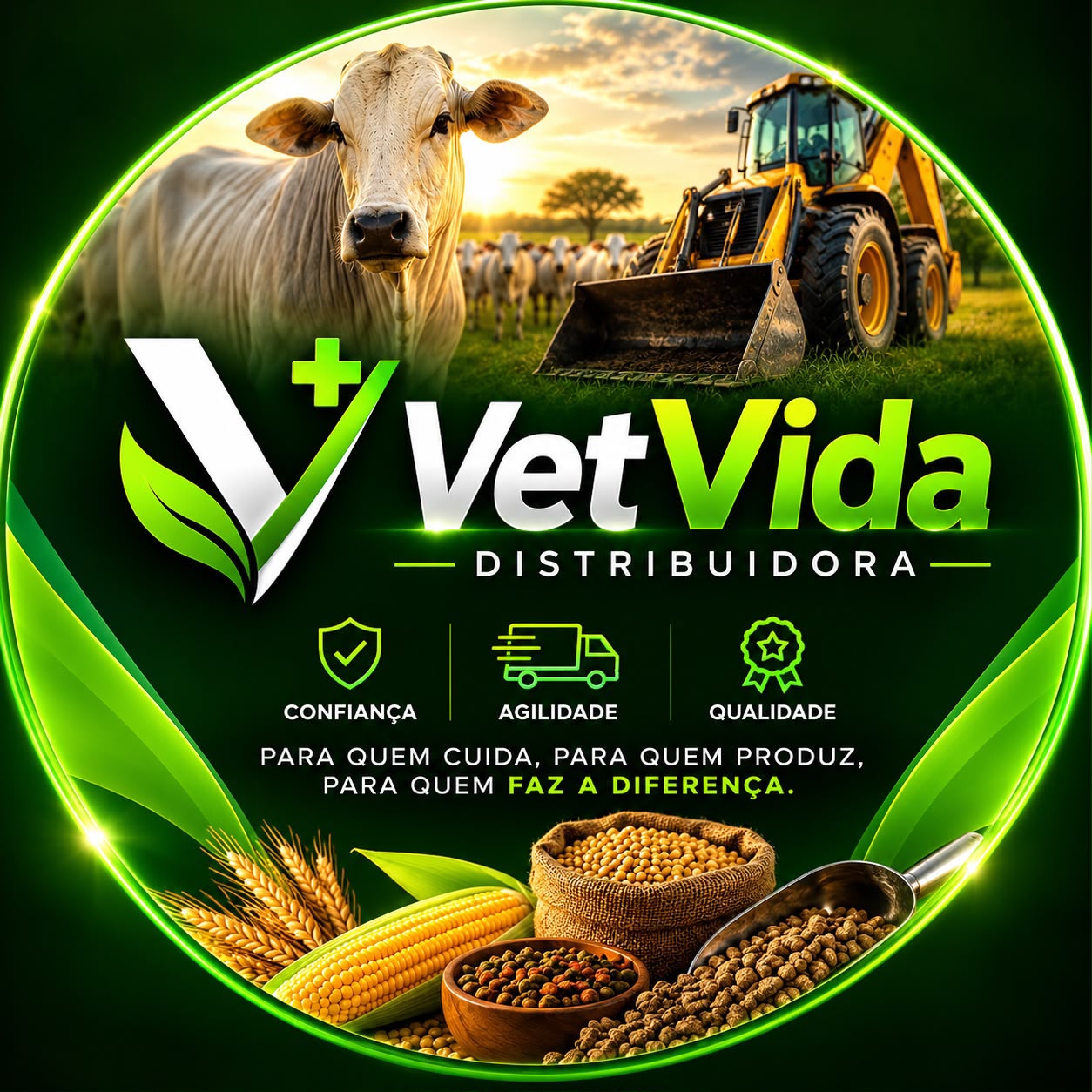 Identidade visual Vet Vida Distribuidora com pecuária, máquinas e grãos